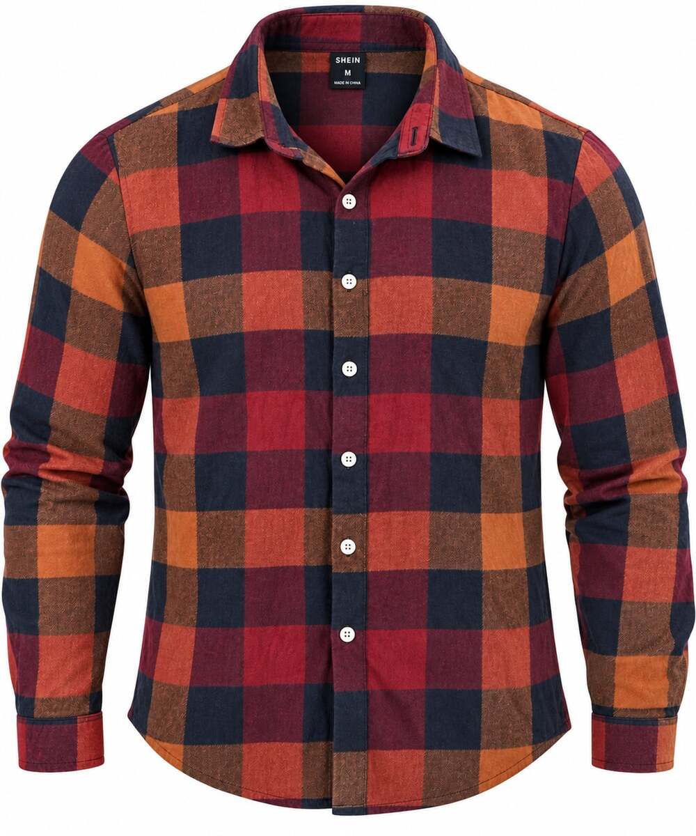 SHEIN Men's Red Navy Blue and Orange Plaid Long Sleeve Button Down Flannel Shirt